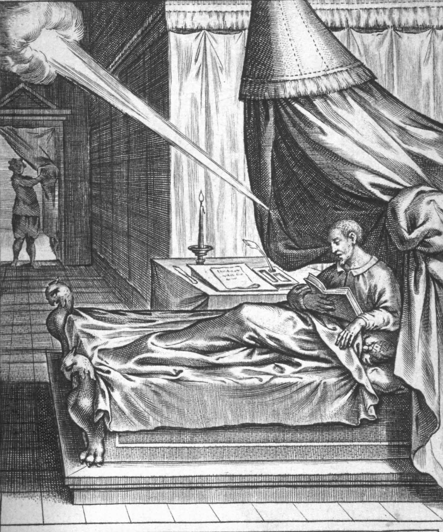 Szent Ignác felépülése alatt az ágyban olvas, Szent Ignác  életének illusztrációi, rézmetszet, 1609