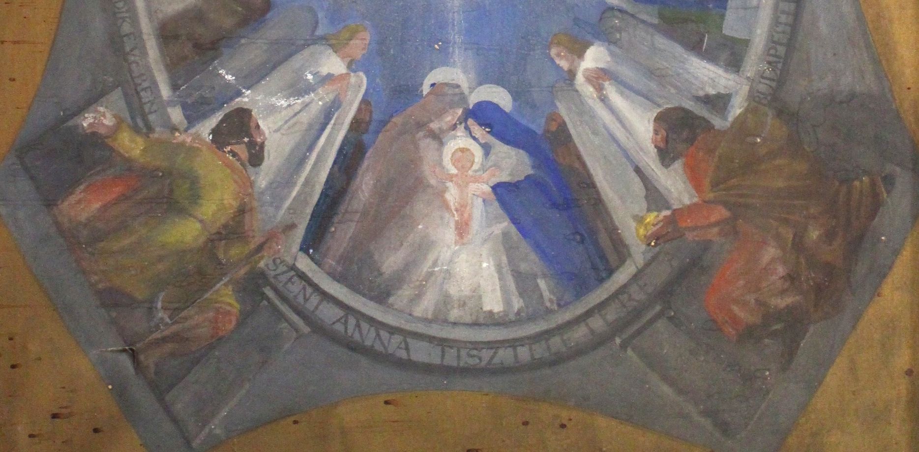 Szent László és Szent István Gyermek Jézus előtt. Jeges Ernő freskótervének részlete