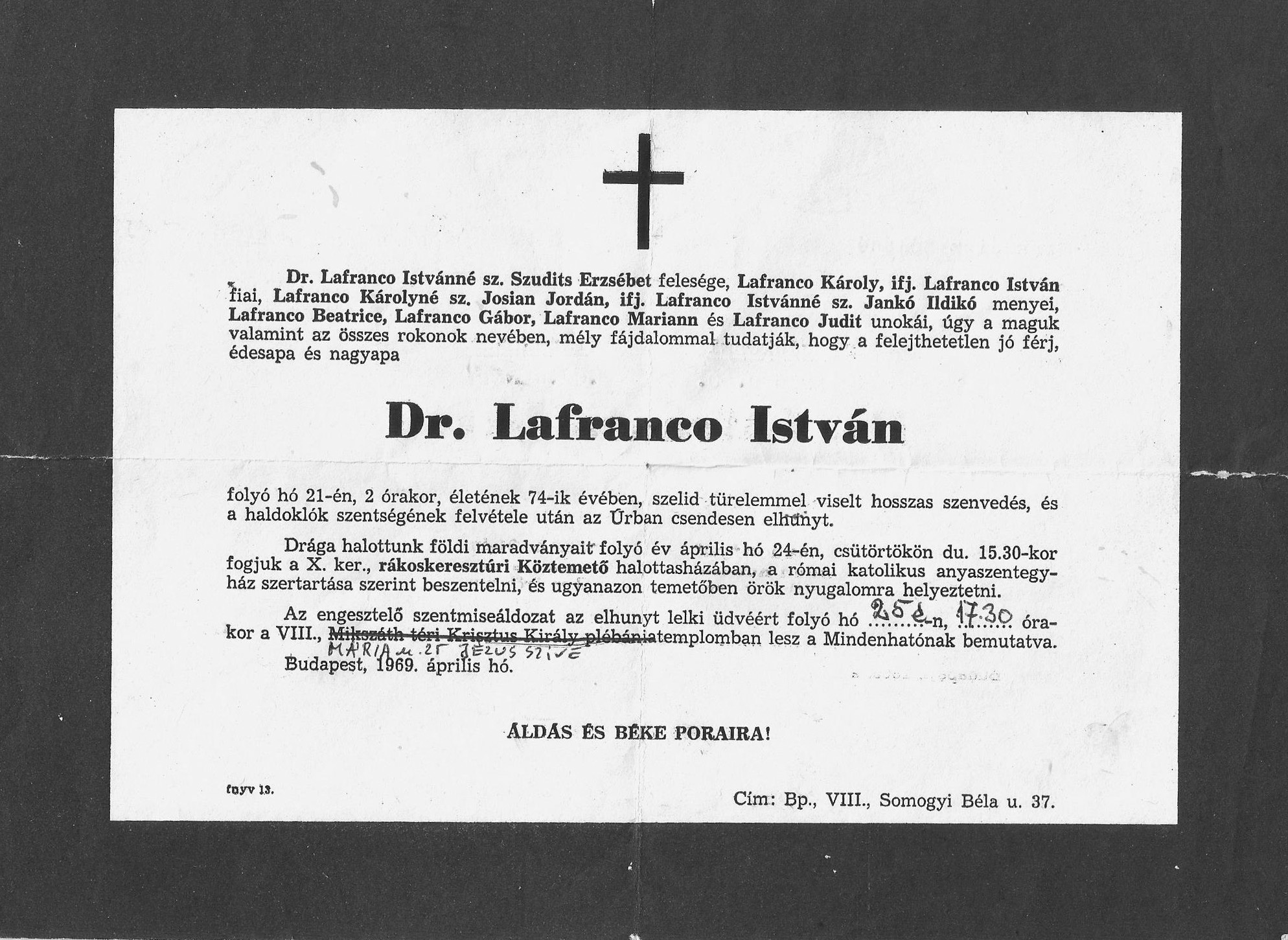 Lafranci István gyászjelentése 1969-ből